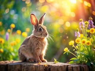 Easter Bunny on Wooden Log, Spring Nature Bokeh Background