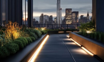 Obraz premium At night, the terraces of high-rise buildings and scenic sidewalks in the city