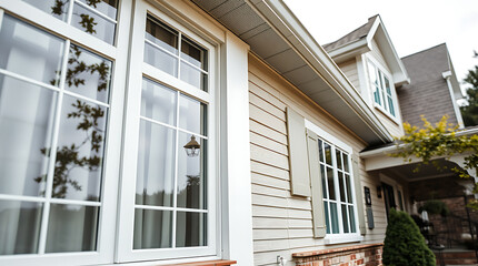Modern House Exterior with White Windows and Beige Siding. High-end Residential Architecture, Luxury Home Design, Real Estate Photography