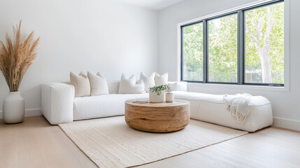 Modern living room with large window and cozy seating arrangement