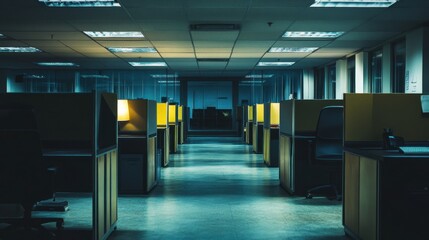 Empty Modern Office at Night Cubicles Desks Dark Fluorescent Lights Interior