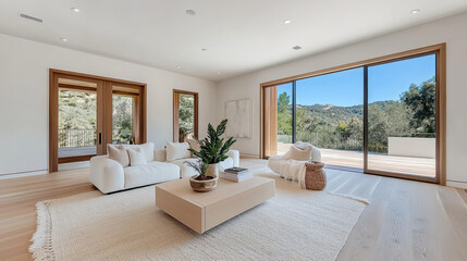 Fototapeta premium Spacious living room with minimalist coffee table and scenic view