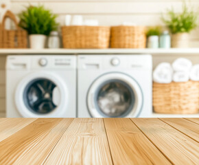 Empty wooden table top with blurred laundry room background for product display