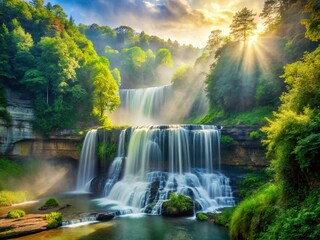 Fototapeta premium Ethereal Burgess Falls: Foggy Tennessee Morning Double Exposure