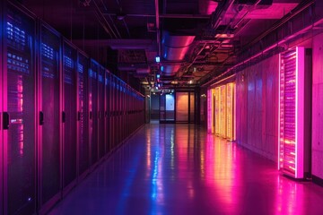 Fototapeta premium Modern Data Center with High-Tech Servers and LED Lighting in a Secure Facility
