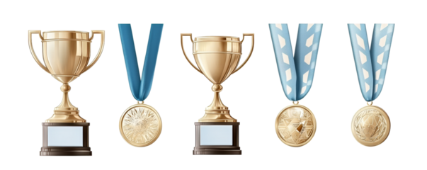 Collection of trophies and medals representing achievement and competition, isolated on a white background.