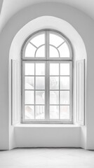 Fototapeta premium A serene view through a vintage arched window with soft natural light illuminating a tranquil room.
