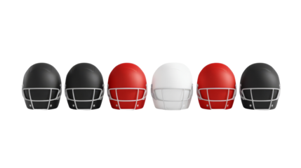 Collection of various colored cricket helmets isolated on a white background.