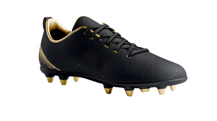 Stylish black and gold soccer cleat on a transparent background, ideal for athletic footwear marketing.