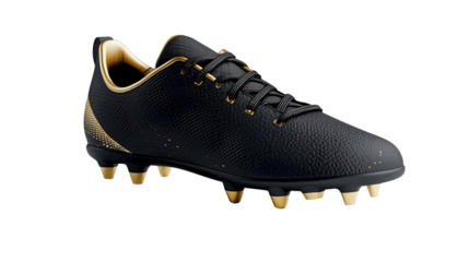 Stylish black and gold soccer cleat on a transparent background, ideal for athletic footwear marketing.