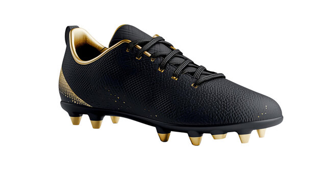 Stylish black and gold soccer cleat on a transparent background, ideal for athletic footwear marketing.