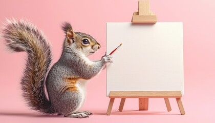 Obraz premium Active squirrel near a blank canvas on an easel, pastel pink.