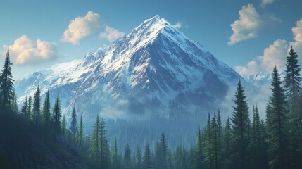 Obraz premium Snow-Capped Mountain Surrounded by Pine Trees Under a Clear Blue Sky
