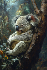 Obraz premium Koala Bear Resting on Tree Branch in Forest