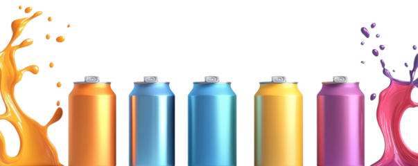Vibrant soda cans with colorful splashes, perfect for beverage promotions and advertising.