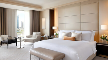Elegant bedroom with plush headboard, large windows, and modern decor