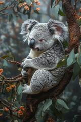 Fototapeta premium A Young Koala Rests Serenely In A Eucalyptus Tree