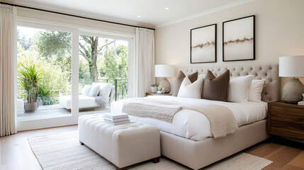 Fototapeta premium Elegant bedroom with vintage touch, luxurious fabric, and natural light