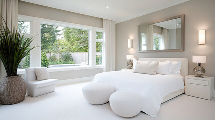 Fototapeta premium Elegant bedroom with vintage vanity and soft lighting, featuring cozy atmosphere