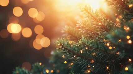 Warm Christmas Tree Branch with Golden Lights and Bokeh