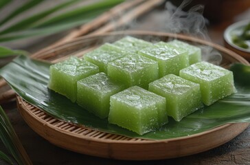 Freshly Made Green Jelly Dessert with Steamy Vapor on a Natural Bamboo Plate Surrounded by Tropical Leaves in a Cozy Kitchen Setting