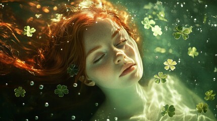 Fototapeta premium Portrait of a beautiful Irish woman submerged in clear greenish water, with shamrocks floating around her 