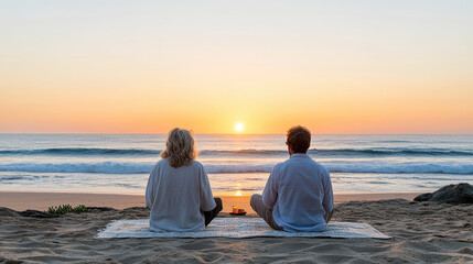 Older couple enjoying scenic sunset on beach, creating lasting memories