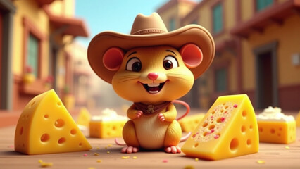 A cute cartoon mouse wearing a cowboy hat surrounded by cheese and pastries.