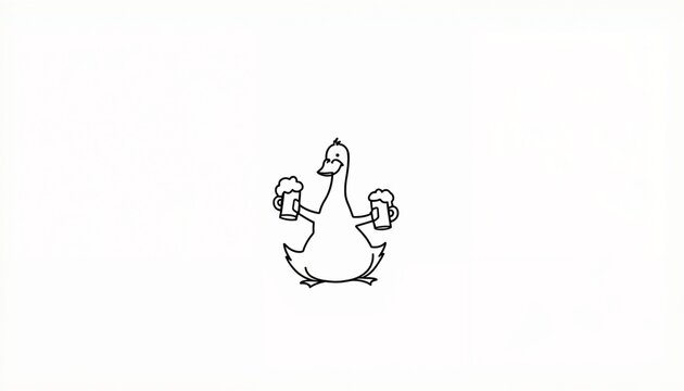 Cartoon duck holding beer mugs on white background