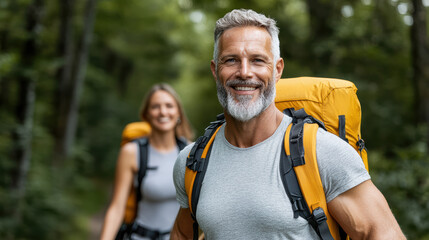Naklejka premium Hiking couple enjoying nature with backpacks in lush forest trail