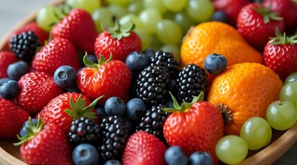Fototapeta premium Close-up of a wooden bowl overflowing with a colorful array of fresh strawberries, blueberries, blackberries, green grapes, and segments of orange