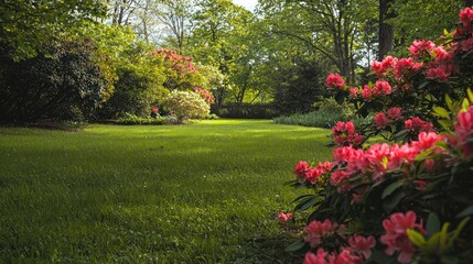 Obraz premium A lush spring garden with colorful blossoms and green foliage, surrounded by freshly cut grass.