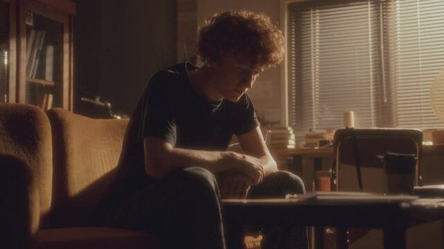 Young stressed man sitting on sofa in living room at home, examining bottle of antidepressant pills, then sweeping stuff off table and kicking it away as having nervous breakdown