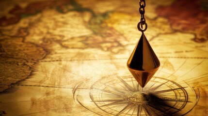brass pendulum swinging above an old world map, spiritual dowsing for hidden places or lost treasures, with warm sepia tones 