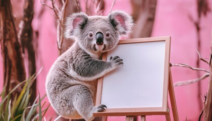 Obraz premium Mischievous monkey swings by easel, pointing to blank board, playful pink background.