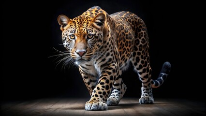 Fototapeta premium Majestic Leopard: Night Prowler, Big Cat, Black Background, Wild Animal Photography