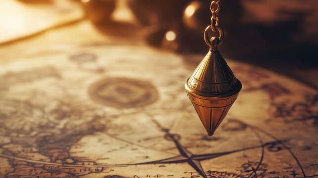 brass pendulum swinging above an old world map, spiritual dowsing for hidden places or lost treasures, with warm sepia tones 