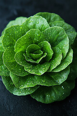 Obraz premium Dew Covered Lettuce Head Displays Vibrant Green Hues