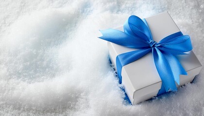 White Gift Box with Sky Blue Ribbon on Snow Background. Top View of Gifts for Babies with Copy Space