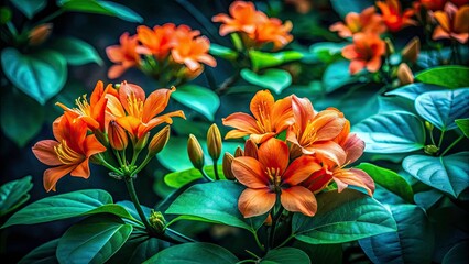Fototapeta premium Malaysian Bauhinia Kockiana Flowers, Low Light Summer Garden Photography, Orange Blooms, Green Leaves, Night Bloom