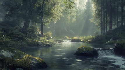 Obraz premium Tranquil stream flowing through lush green forest nature scene landscape photography serene environment close-up view peaceful atmosphere