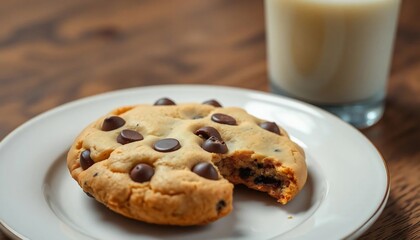 Delicious Chocolate Chip Cookie on a Plate with Milk