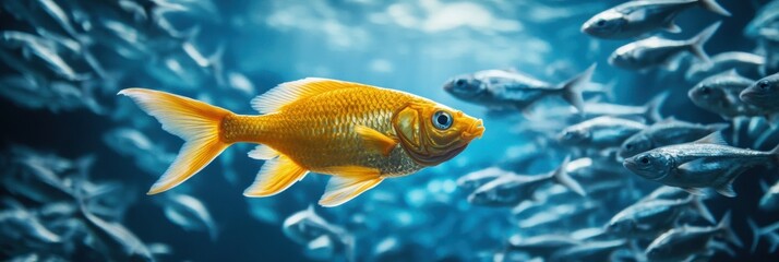 Vibrant Goldfish Swimming Amidst a School of Silver Fish in Aquarium