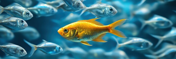 Obraz premium Unique Golden Fish Swimming Amongst a School of Blue Fish Leadership Difference and Standing Out