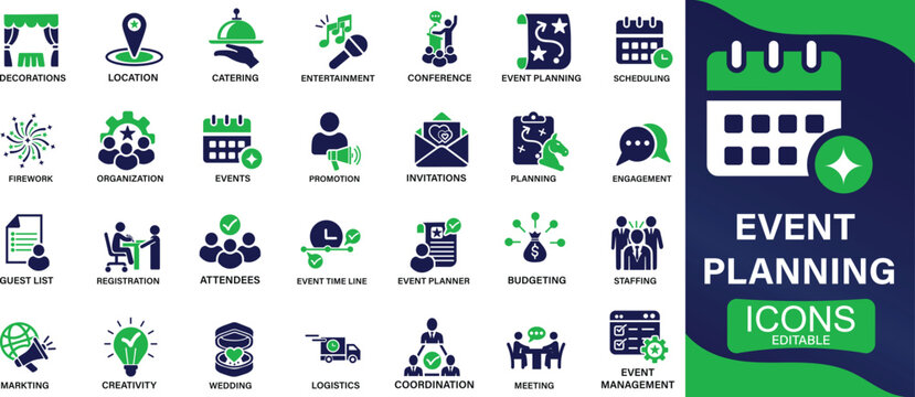 Event planning icon set. decorations, venue, event planner, registration, entertainment, catering and invitations You can easily change the color.