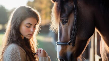 Fototapeta premium Serene interaction between girl and horse.