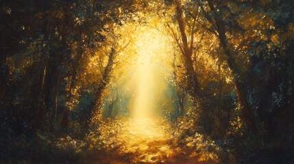 Obraz premium Golden Autumn Path Magical Sunlit Forest Trail Nature Landscape Painting