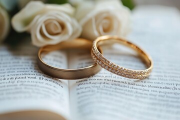 Two golden wedding rings resting on open book with white roses