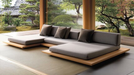 Fototapeta premium Modern Minimalist Seating in Serene Garden Setting