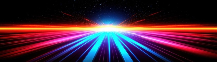 Obraz premium Vibrant Burst of Colorful Light Rays Emerging from a Central Point in a Dark Space, Evoking a Sense of Energy, Motion, and Futuristic Ambience